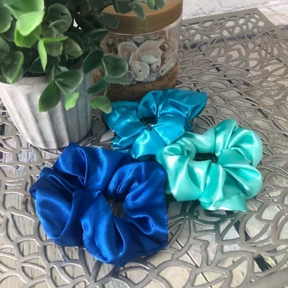 3 New Silk Scrunchies Blue, Teal Mint Color
